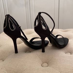 Y2K Aldo Black Satin Ankle Strap Rhinestone Cut Out Sandal Heel sz36